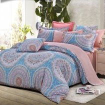 Light Blue Lavender Pink and White Folklore Pattern Bohemian Hippie Style Moroccan Tribal Print Full, Queen Size Cotton Bedding Sets