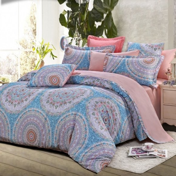 Light Blue Lavender Pink and White Folklore Pattern Bohemian Hippie Style Moroccan Tribal Print Full, Queen Size Cotton Bedding Sets