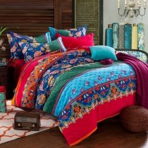 Exotic Sapphire Blue Red Aqua and Dark Green BOHO Gothic Tribal and Western Floral Print Elizabethan Full, Queen Size Cotton Bedding Sets