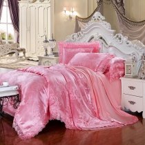 Sophisticated Elegant Solid Shiny Pink Antique Rose Flower Print with Lace Girly Girls Full, Queen Size Luxury Jacquard Satin Bedding Sets