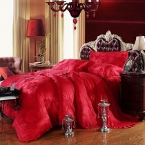 Vintage Romantic Crimson Red Victorian Rose Floral Print with Lace Elegant Feminine Full, Queen Size Luxury Jacquard Satin Bedding Sets