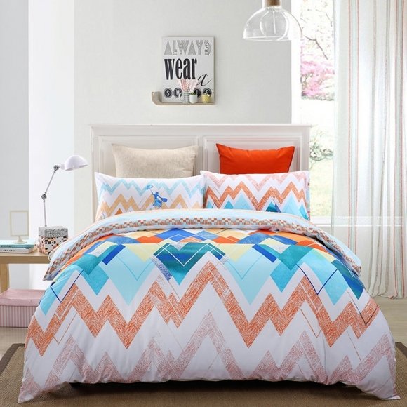 Orange Red Blue and Salmon Colorful Chevron Stripe Modern Bohemian Style Southwestern Full, Queen Size Bedding Sets