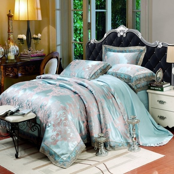 Exotic Sparkle Tiffany Blue and Rose Gold Rococo Pattern Rustic Western Flower Print Luxury Jacquard Satin Full, Queen Size Bedding Sets