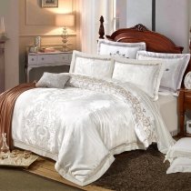 Elegant Cream White Vintage Rococo Folk Pattern Rustic Western Floral Print Luxury Embroidered Jacquard Satin Full, Queen Size Bedding Sets