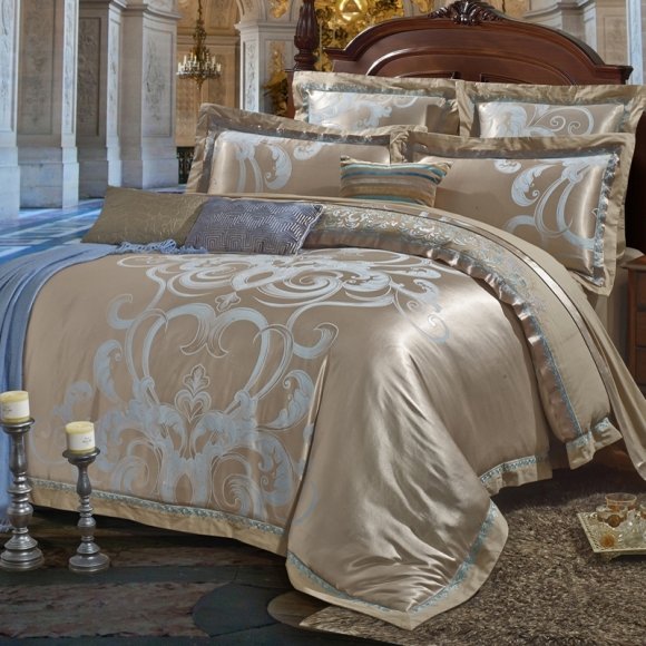 Gray and Light Blue Victorian Gothic Pattern Western Style Shabby Chic Luxury Jacquard Satin Full, Queen Size Bedding Sets
