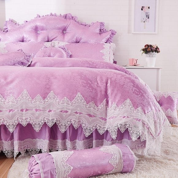 Trendy Lilac Purple Sexy Lace Design Princess Style Feminine Feel Luxury 100% Cotton Full, Queen Size Bedding Sets for Girls