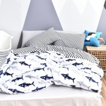 Trendy Deep Blue and White Shark Print Marine Life 100% Cotton Twin, Full Size Fish Bedding Sets for Kids, Boys