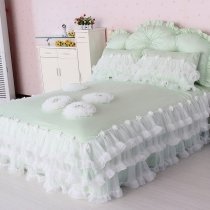 Sophisticated Elegant Mint Green White Applique Flower Romantic Waterfall Frilly Ruffle Girls Cotton Twin, Full, Queen Size Bedding Sets