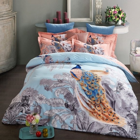 Grey Blue and Orange Beautiful Peacock Print Jungle Animal Themed Country Chic 100% Brushed Cotton Full, Queen Size Bedding Sets