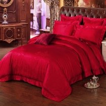Noble Excellence Carnelian Red Beautiful Floral Pattern Romantic Asian Inspired Fancy Jacquard Satin Full, Queen Size Bedding Sets