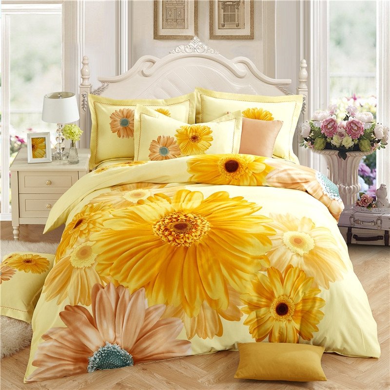 Yellow Sunflower Print 3D Design Full, Queen Size Bedding Sets