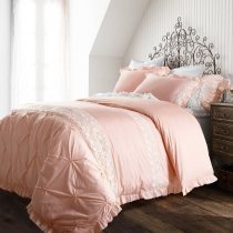 Sophisticated Elegant Pale Pink and White Floral Vintage Victorian Lace Pintuck Ruffle Girly Girls Full, Queen Size Bedding Sets