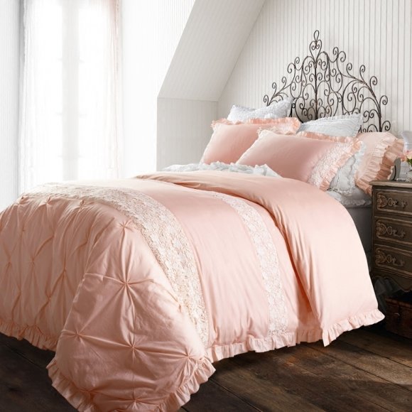Sophisticated Elegant Pale Pink and White Floral Vintage Victorian Lace Pintuck Ruffle Girly Girls Full, Queen Size Bedding Sets