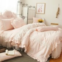 Light Pink and White Vintage Victorian Lace Attached Dust Ruffle Elegant Romantic Girls Princess Twin, Full, Queen Size Bedding Sets