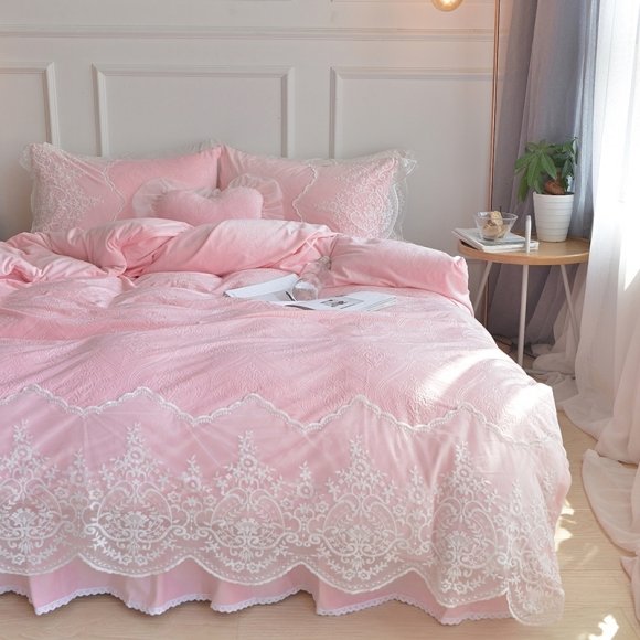 Pink Bohemian Tribal Vintage Shabby Chic Victorian Lace Attached Dust Ruffle Elegant Girls Soft Flannel Full, Queen Size Bedding Sets