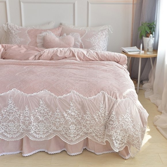 Dusty Rose Pink Bohemian Tribal Elegant Girly Vintage Shabby Chic Victorian Lace Ruffle Girls Soft Flannel Full, Queen Size Bedding Sets