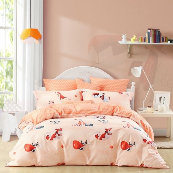 Hipster Apricot Orange Black and White Cute Dog Print Cartoon Themed Funny Style Twin, Full, Queen Size Bedding Sets for Kids