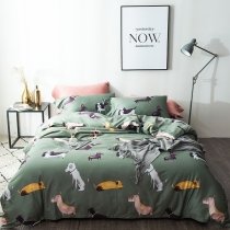 Sage Green and Colorful Puppy Dog Print Farm Animal Themed Kids Full, Queen Size Bedding Sets for Dog Lovers