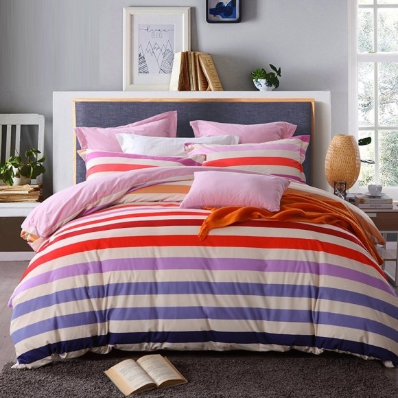 Blue White Red and Pink Colorful Rugby Stripe Print Contemporary Modern Girls Full, Queen Size Bedding Sets