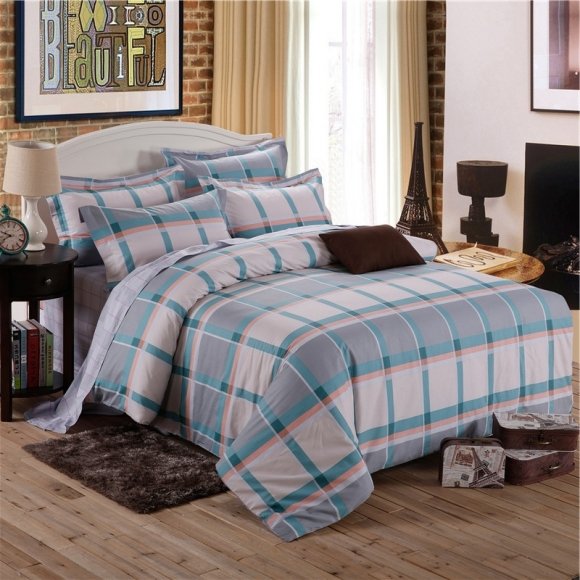Silver Gray White Cream and Blue Windowpane Plaid Print Country Style Full, Queen Size Bedding Sets