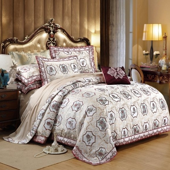 Gold Beige and Sage Green Tribal and Rustic Western Floral Print Bohemian Style Luxury Jacquard Satin Full, Queen Size Bedding Sets