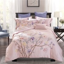 Pastel Vintage Pale Pink Gray Purple and Gold Oriental Floral Print Luxury Soft Tencel Full, Queen Size Bedding Sets