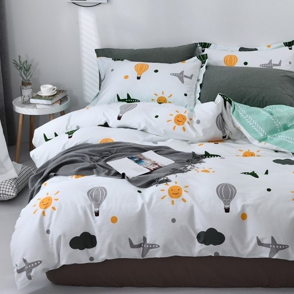 Hipster Kids Cloud Sun Hot Air Balloon and Plane Print Twin, Full Size Bedding Sets