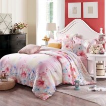 Elegant Peach Pink White and Blue Butterfly Garden Flower Print Girly Girls Full, Queen Size Eco-friendly Tencel Lyocell Bedding Sets