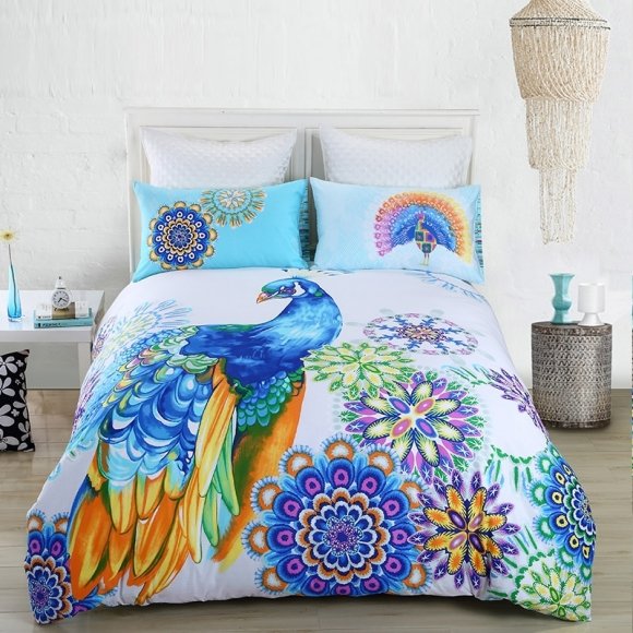 Peacock Blue Orange Purple and White Peacock Print Animal Style Exotic Bohemian Style Full, Queen Size Bedding Sets