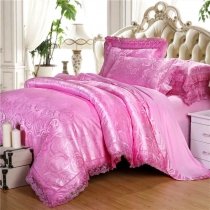 Elegant Girls Fuchsia Pink Yorkshire Rose Pattern Sexy Lace Design High Fashion Jacquard Satin Full, Queen Size Bedding Sets