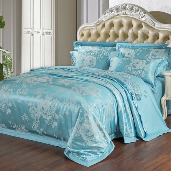 Sparkle Aqua Blue and White Country Chic Cabbage Rose Print Garden Images Luxury Embroidered Jacquard Satin Full, Queen Size Bedding Sets