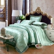 Traditional Seafoam Green and Metallic Silver Gothic Pattern Tribal Print Vintage Lace Luxury Jacquard Satin Full, Queen Size Bedding Sets