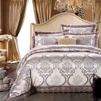 Silver and Gray Victorian Gothic Pattern Shabby Chic Western Style Jacquard Satin Full, Queen Size Bedding Sets