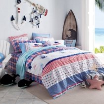 Navy Blue Red and White Sailboat, Stripe and Star Print Nautical Style Reversible 100% Cotton Full, Queen Size Bedding Sets