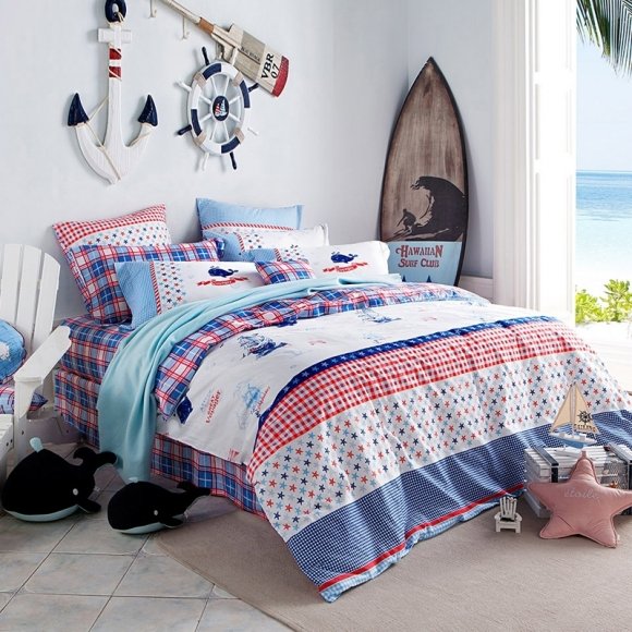Navy Blue Red and White Sailboat, Stripe and Star Print Nautical Style Reversible 100% Cotton Full, Queen Size Bedding Sets