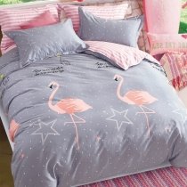 Grey and Pink Flamingo Print Shabby Chic Cute Funny Animal Themed 100% Cotton Twin, Full Size Bedding Sets