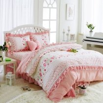 Sophisticated Elegant Blush Pink and White Flower Print Gathered Ruffle Victorian Lace Girls Cotton Twin, Full, Queen Size Bedding Sets
