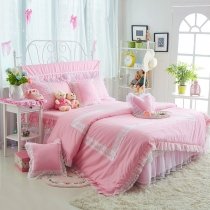 Sophisticated Elegant Blush Pink and White Vintage Victorian Lace Gathered Ruffle Romantic Girls Cotton Full, Queen Size Bedding Sets