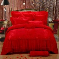 Sophisticated Elegant Red Flower Print Victorian Lace Ruffle Romantic Feminine Luxury Jacquard Cotton Full, Queen Size Bedding Sets