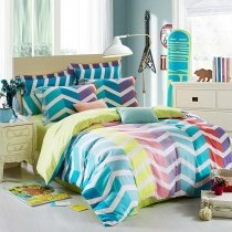 Aqua Yellow Red Purple and Pink Chevron Stripe Print Bright Colored Modern Chic 100% Cotton Twin, Full Size Bedding Sets