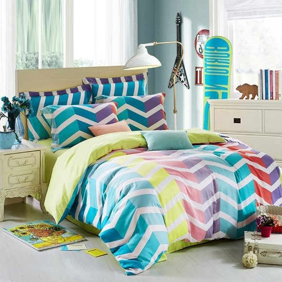 Aqua Yellow Red Purple and Pink Chevron Stripe Print Bright Colored Modern Chic 100% Cotton Twin, Full Size Bedding Sets