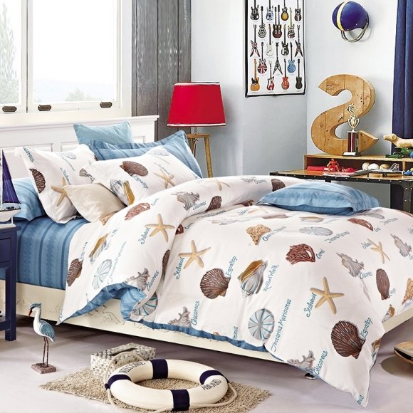 Kids Beach Themed Seashell and Starfish Print Holiday Style 100% Cotton Twin, Full Size Bedding Sets
