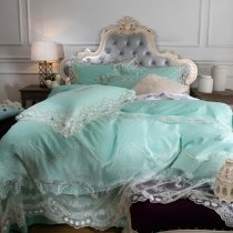 Vintage Shabby Chic Mint Green and White Applique Victorian Lace Embroidered Rococo Pattern Elegant Feminine Full, Queen Size Bedding Sets