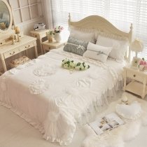 Beige Applique Rosette Pattern Vintage Shabby Chic Victorian Lace Ruffle Sophisticated Elegant Full, Queen Size Bedding Sets