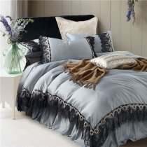 Luxury Gray and Black Lace Design Tassle Edge Vintage Style Jacquard Satin Full, Queen Size Bedding Sets