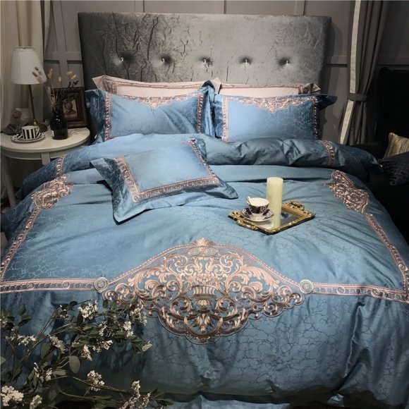 Navy Blue and Metallic Gold Border Gothic Tribal Print Vintage Shabby Chic Luxurious Villa Embroidered Full, Queen Size Bedding Sets
