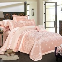 Luxury Pastel Pink and Champagne Indian Ethnic Pattern Fancy Style Sequin Jacquard Satin Full, Queen Size Bedding Sets