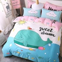 Blue Pink White and Mint Green Whale Bird and Tropical Fish Print Abstract Animal Themed Teen Girls Twin, Full Size Bedding Sets