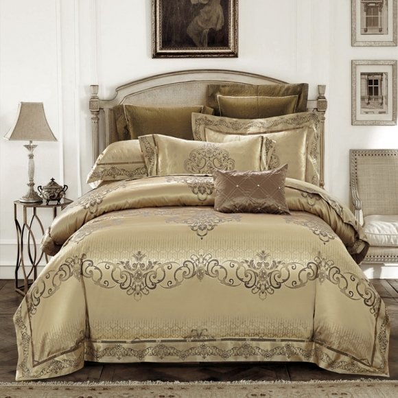 Vintage Brown and Gold Victorian Gothic Tribal Scroll Print Luxury Jacquard Satin Full, Queen Size Bedding Sets