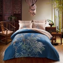 Navy Blue Yellow White and Light Tan Botanical Bamboo and Flower Print Tropical Hawaiian Full, Queen Size Bedding Sets